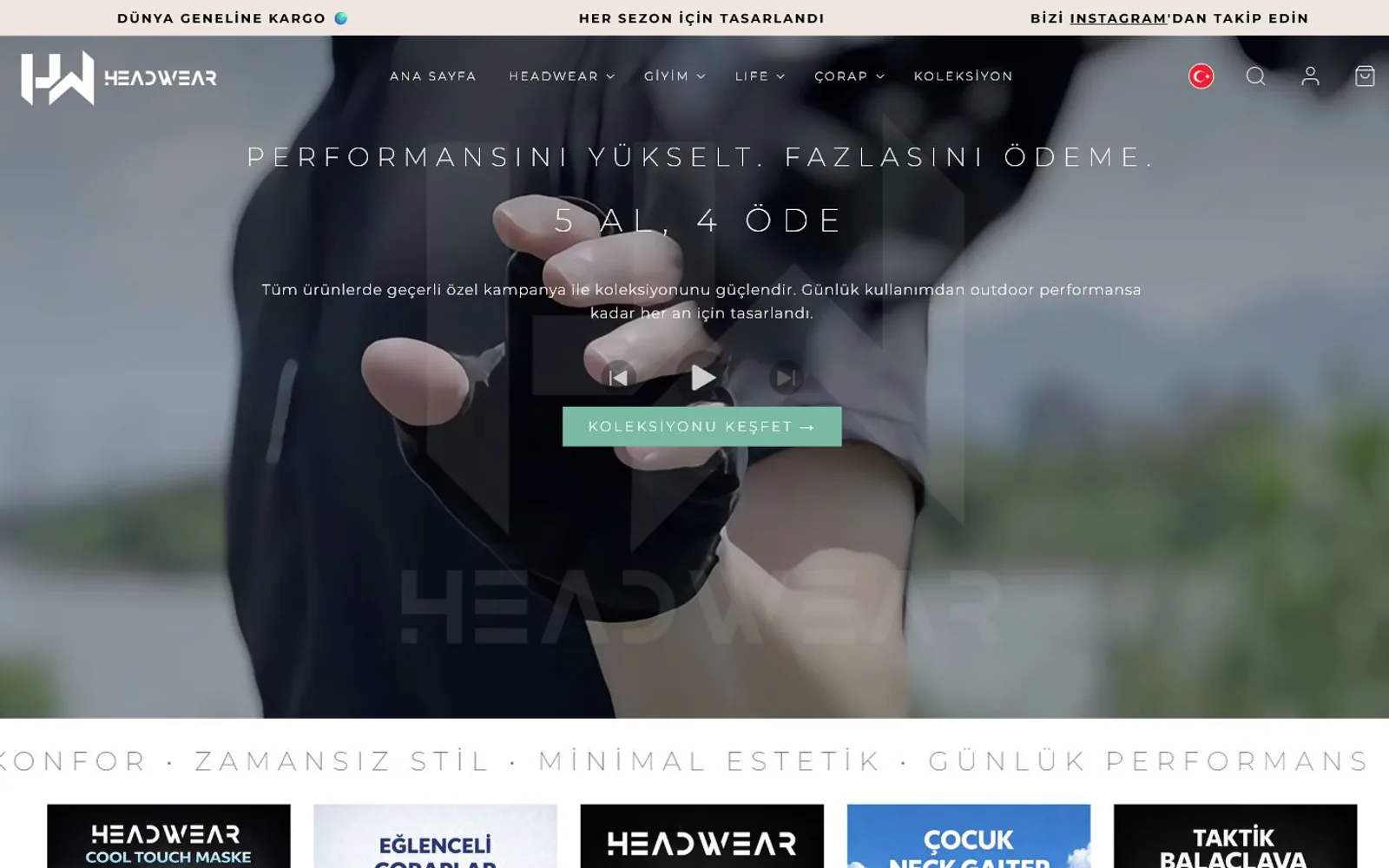 HEADWEAR e-ticaret sitesinin masaüstü ana sayfa görünümü